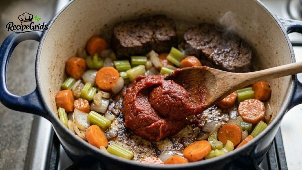 Wooden spoon stirring tomato paste into sautéed carrots, celery, and onions in a blue Dutch oven.