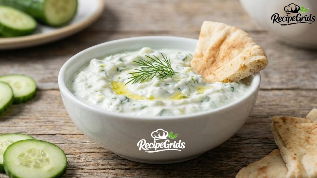 Creamy homemade tzatziki dip in a white bowl garnished with fresh dill and olive oil, served with pita bread wedges and cucumber slices on a wooden table.