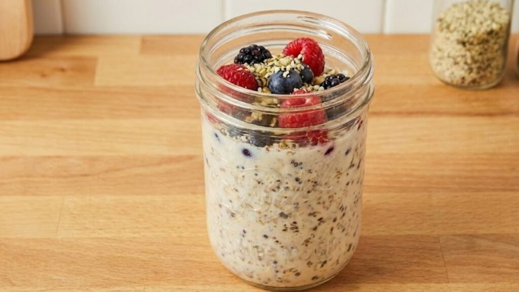 A glass mason jar filled with creamy overnight oats, topped with fresh raspberries, blueberries, blackberries, and a sprinkle of hemp seeds.