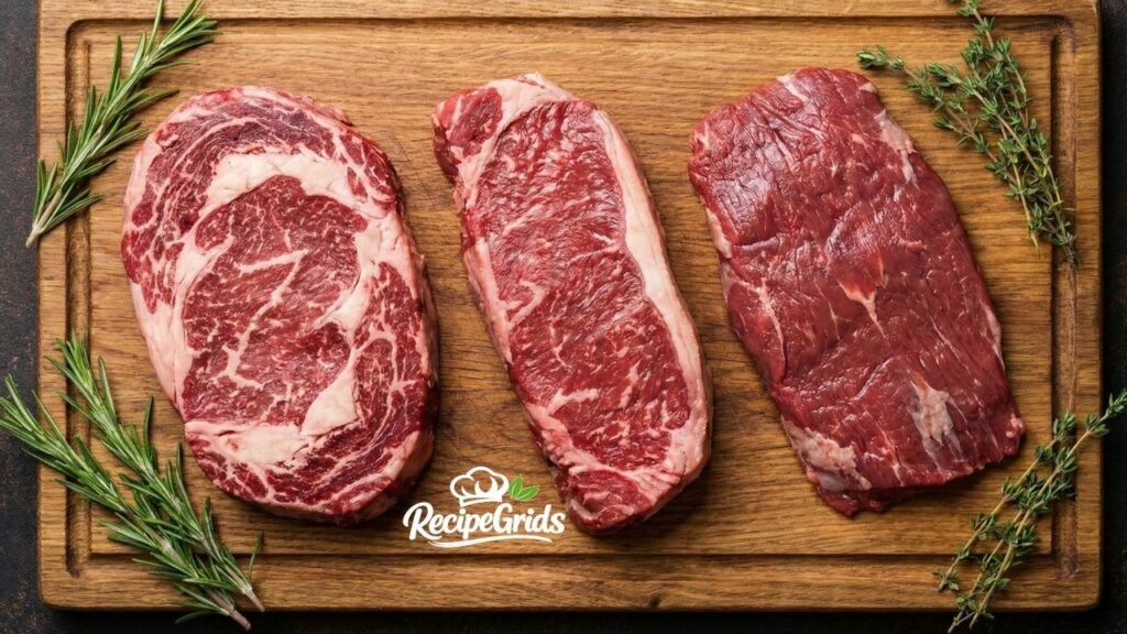 Overhead comparison of raw Ribeye, New York Strip, and Flank steaks on a cutting board, showing different meat options for steak dinner recipes.