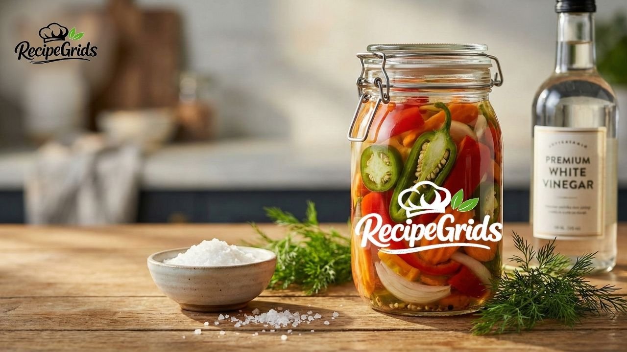 A sealed glass jar filled with colorful homemade pickled peppers, onions, and carrots sitting next to a bottle of premium white vinegar and coarse salt.