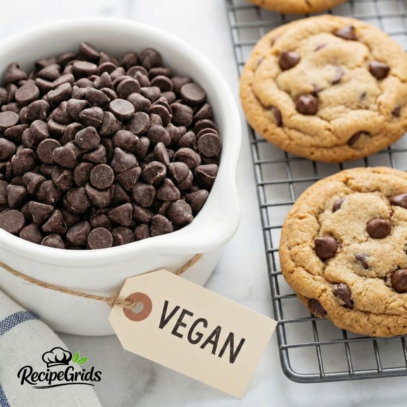 A white bowl overflowing with semi-sweet vegan dairy-free chocolate chips, labeled with a 'VEGAN' tag, sitting next to two freshly baked golden-brown chocolate chip cookies on a wire cooling rack.