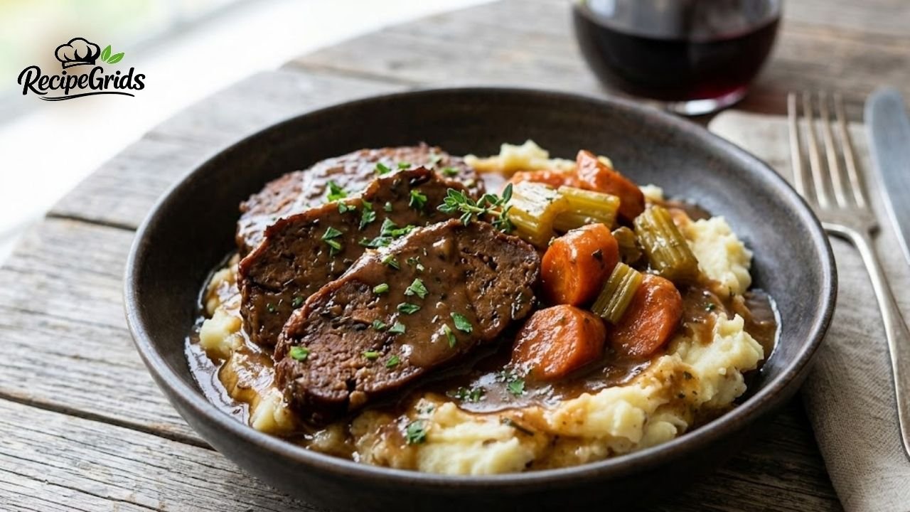 Sliced Braised Mock Chuck over Creamy Mashed Potatoes with Gravy and Carrots.