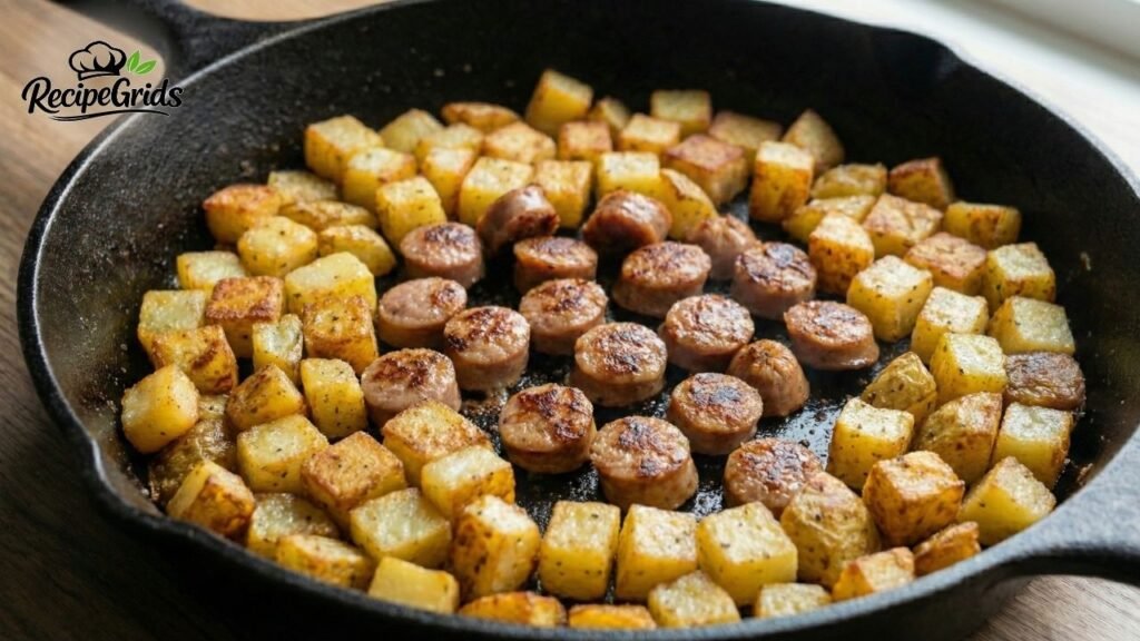 Sliced savory sausage browning alongside crispy potatoes in a skillet.