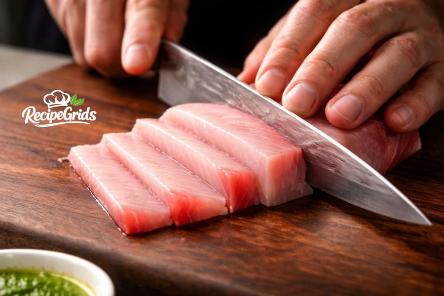 A close-up shot of a chef's hands precisely slicing a large block of raw Japanese amberjack (hamachi) yellowtail loin suitable for raw consumption against the grain with a sharp Japanese kitchen knife on a dark wood cutting board, with a small bowl of green cilantro-jalapeño puree visible in the corner.