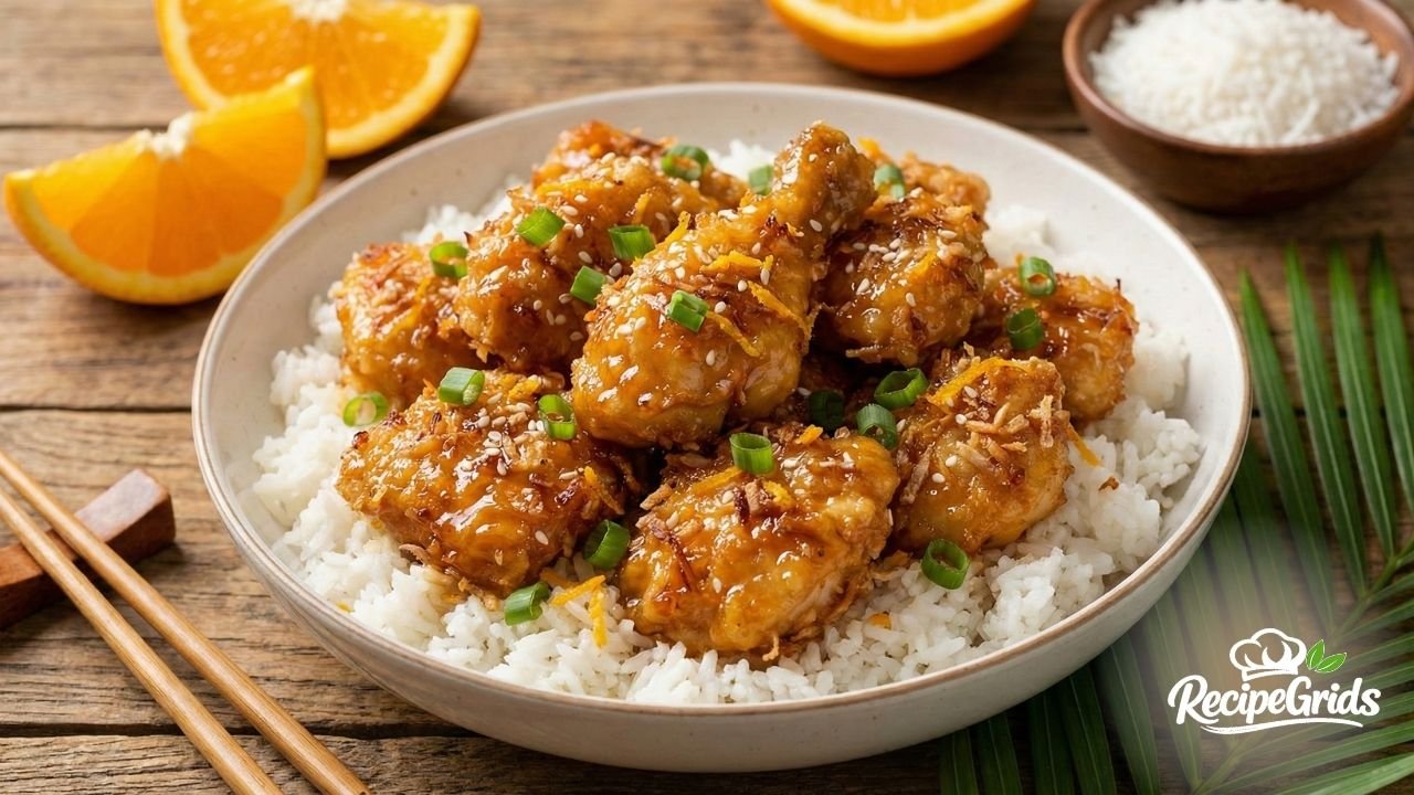 A bowl of white rice topped with crispy coconut chicken that's like orange chicken, garnished with sesame seeds and green onions.