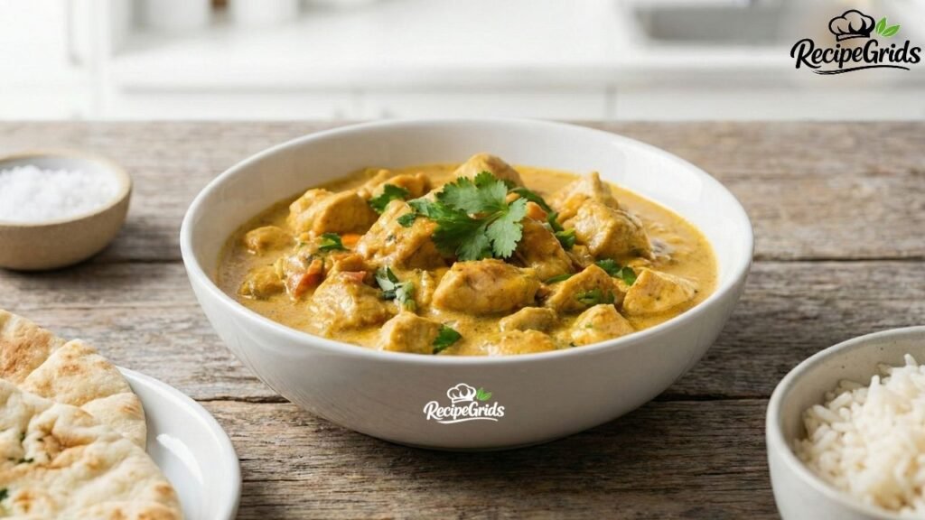 Creamy chicken curry in a white bowl garnished with fresh cilantro, served alongside naan bread and steamed white rice on a wooden table.