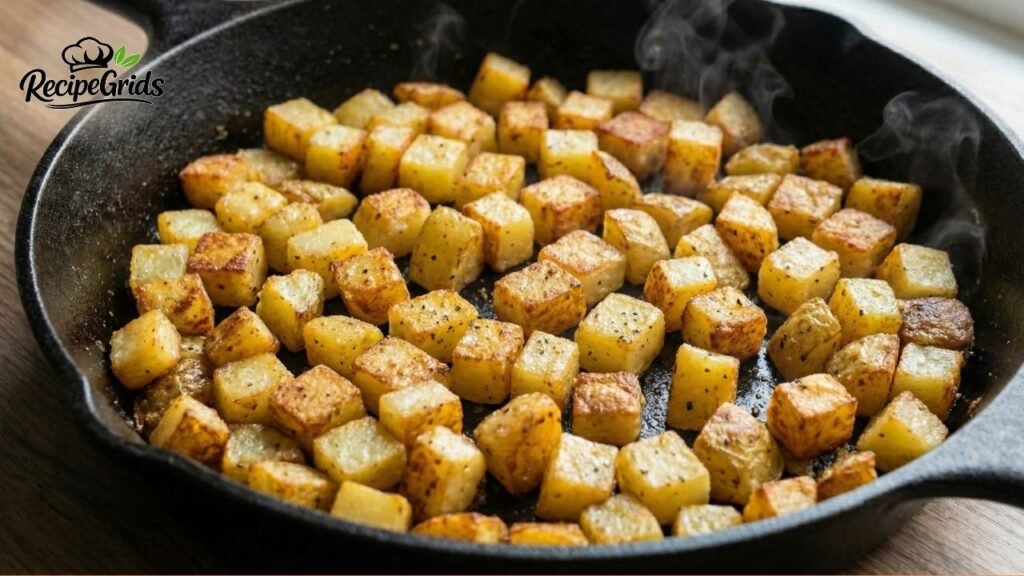Diced potatoes turning golden brown and crispy in a hot cast iron skillet for a breakfast hash recipe.