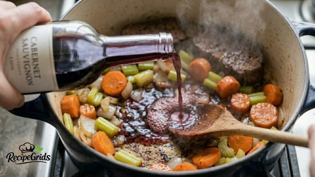 Pouring Cabernet Sauvignon red wine into a hot blue Dutch oven to deglaze sautéed vegetables and vegan mock chuck.