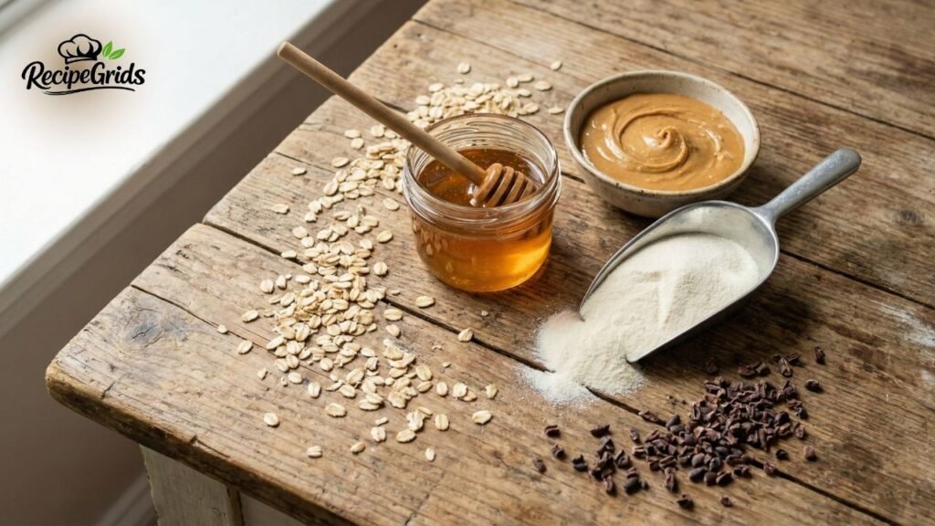 Raw ingredients for DIY stars and honey protein bars including raw honey, peanut butter, collagen powder, oats, and cacao nibs on a rustic table.
