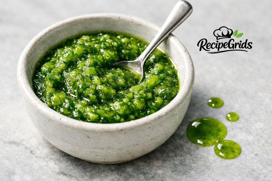 A small ceramic bowl filled with vibrant green cilantro-jalapeño puree, next to bright green oil droplets on a marble background, ready for plating on fresh hamachi crudo.