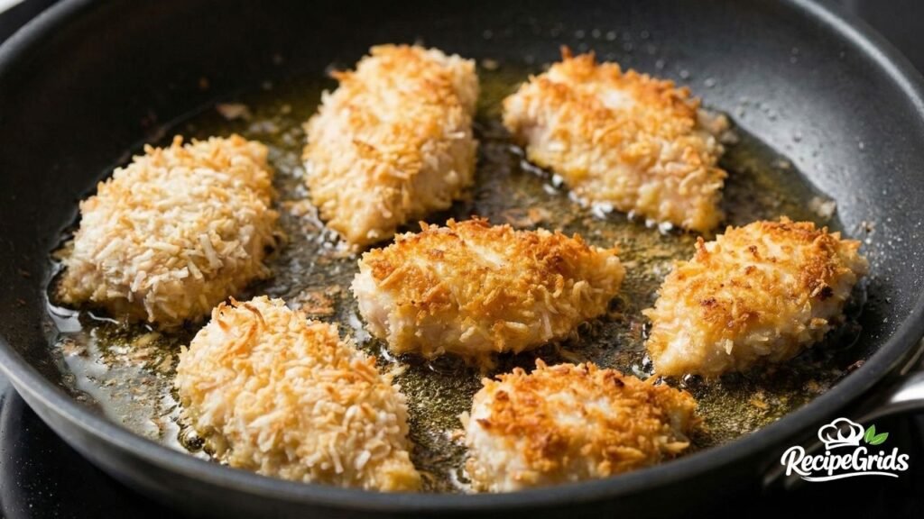 Coconut breaded chicken pieces frying in hot oil in a black skillet until they achieve a golden brown crust.