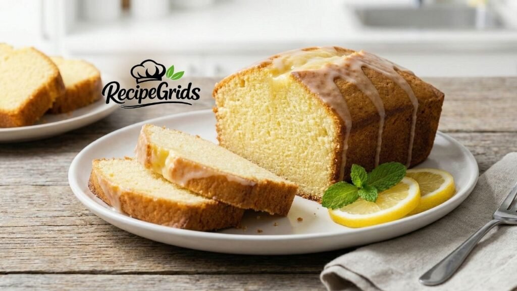 Sliced lemon pound cake drizzled with white icing glaze, served with fresh lemon wedges and mint on a white plate over a rustic wooden table.