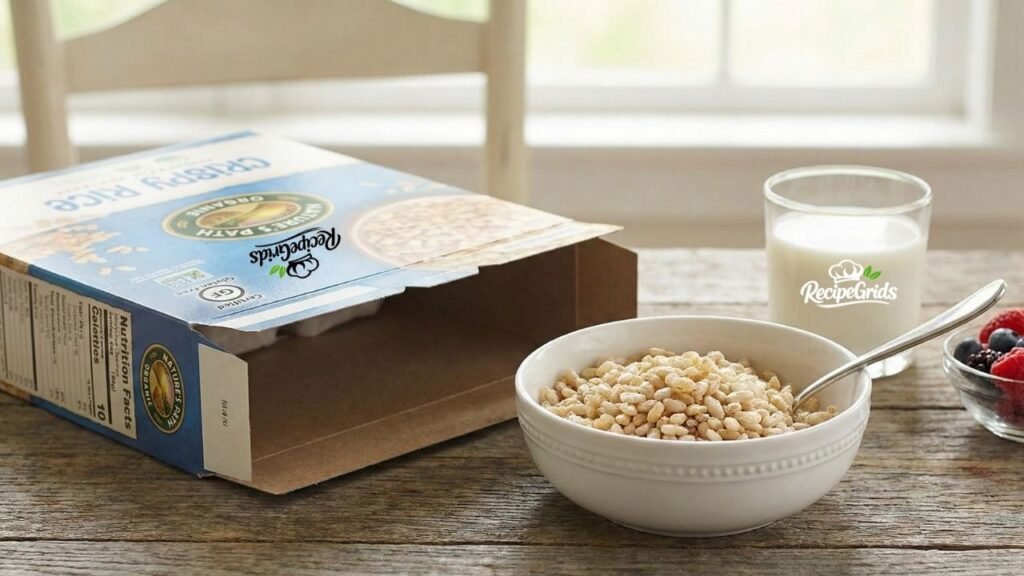 A bowl of certified gluten free crispy rice cereal served with milk and fresh berries on a wooden table.