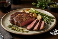 A fully plated gourmet ribeye steak dinner with roasted potatoes, asparagus, and red wine, showcasing the final result of top steak dinner recipes.