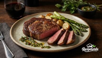 A fully plated gourmet ribeye steak dinner with roasted potatoes, asparagus, and red wine, showcasing the final result of top steak dinner recipes.