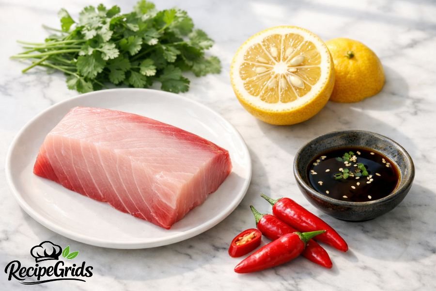 A vibrant flat-lay perspective of fresh ingredients on a marble surface, including a block of raw yellowtail loin on a plate, whole and sliced red chili peppers, halved yuzu citrus, a bowl of soy-based dipping sauce with sesame seeds, and a bunch of cilantro.