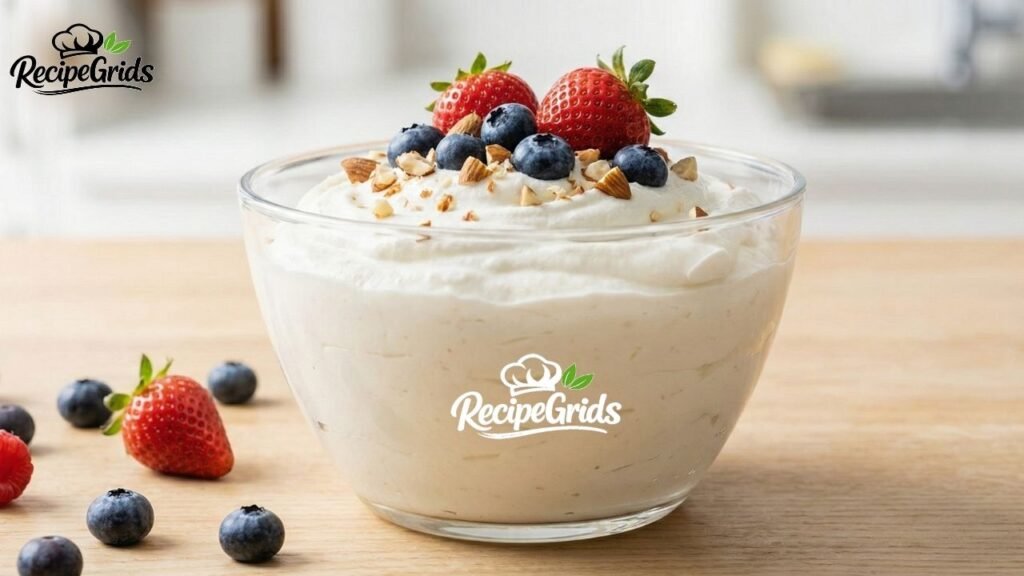 Creamy yogurt in a glass bowl topped with fresh strawberries, blueberries, and chopped almonds on a wooden table.