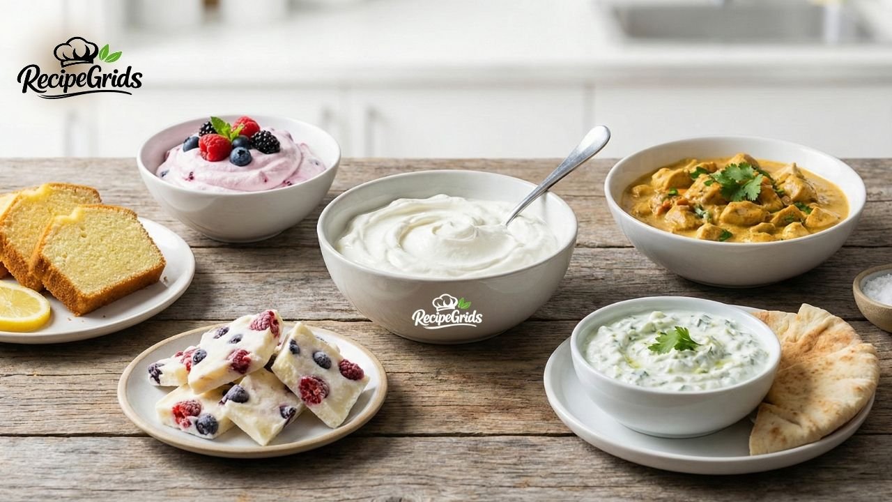 A rustic wooden table displaying various homemade dishes including plain yogurt, berry yogurt, creamy chicken curry, tzatziki with pita bread, frozen yogurt bark, and sliced lemon cake.