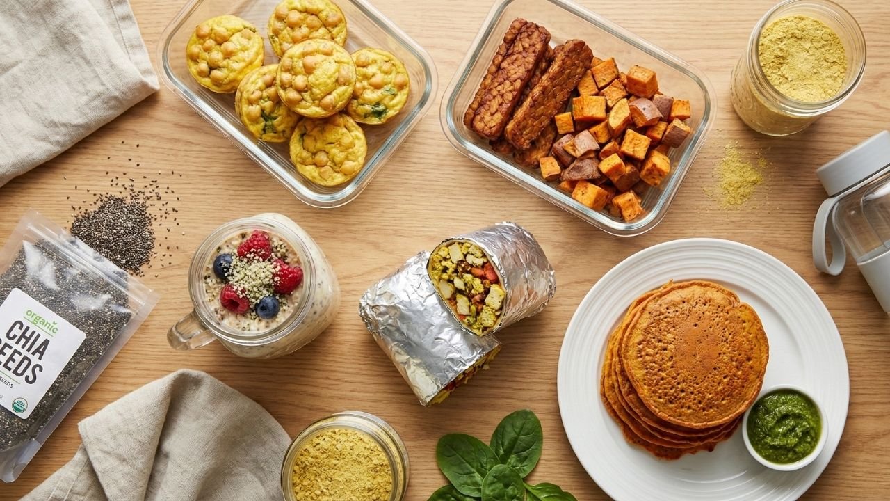 Flat lay photograph of high protein vegan breakfast meal prep on a wooden counter, showing tofu burritos, chickpea muffins, tempeh sweet potato hash, savory red lentil pancakes, and overnight oats without eggs.