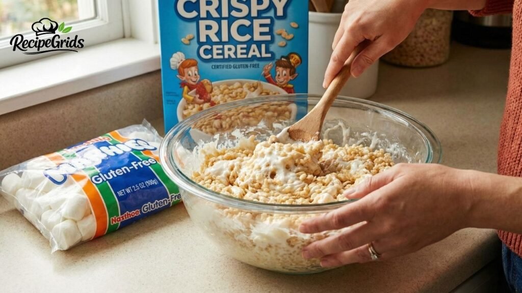 Mixing gluten-free crispy rice cereal with melted marshmallows in a glass bowl to make safe homemade treats.