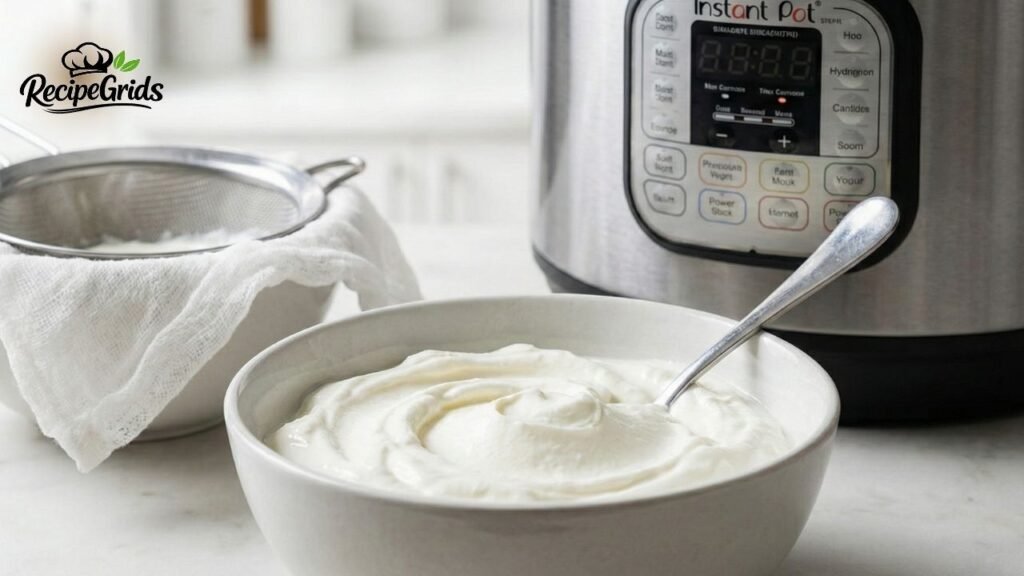 Thick homemade plain yogurt in a white bowl with a spoon, sitting on a kitchen counter in front of an Instant Pot and a cheesecloth strainer.