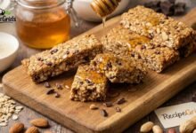 A stack of homemade stars and honey protein bars drizzled with raw honey on a wooden cutting board, surrounded by healthy ingredients like oats and almonds.