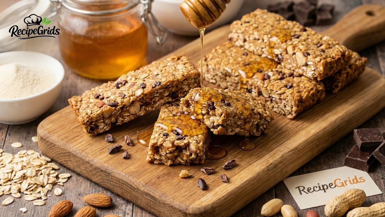 A stack of homemade stars and honey protein bars drizzled with raw honey on a wooden cutting board, surrounded by healthy ingredients like oats and almonds.