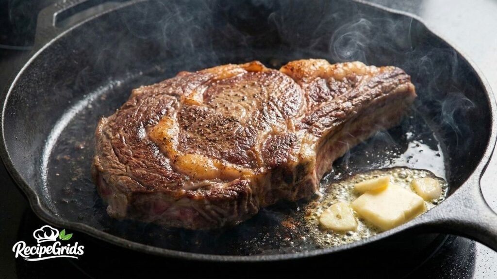 A thick ribeye steak searing in a smoking hot cast-iron skillet with butter, an essential step for perfect steak dinner recipes.