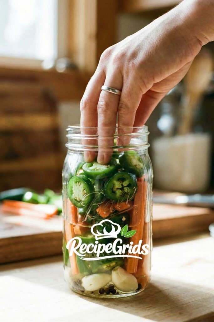 Close up of a hand packing fresh sliced jalapeños and carrots into a glass mason jar for a homemade pickles and peppers recipe.