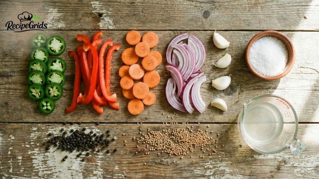 A flat lay of fresh ingredients for a pickles and peppers recipe including sliced jalapeños, red bell peppers, carrots, red onions, garlic, salt, peppercorns, and vinegar.