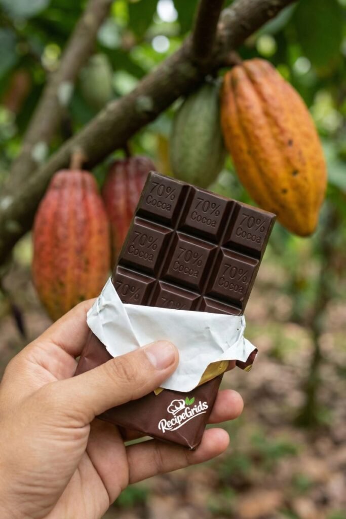 A hand holding an unwrapped bar of 70% dark chocolate against a natural background of fresh cacao pods hanging from a tree branch, emphasizing its plant-based origins.