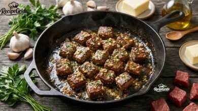 Sizzling cast iron skillet filled with golden-brown keto garlic butter steak bites, garnished with fresh parsley, surrounded by whole garlic bulbs, butter blocks, and olive oil on a rustic wooden table.