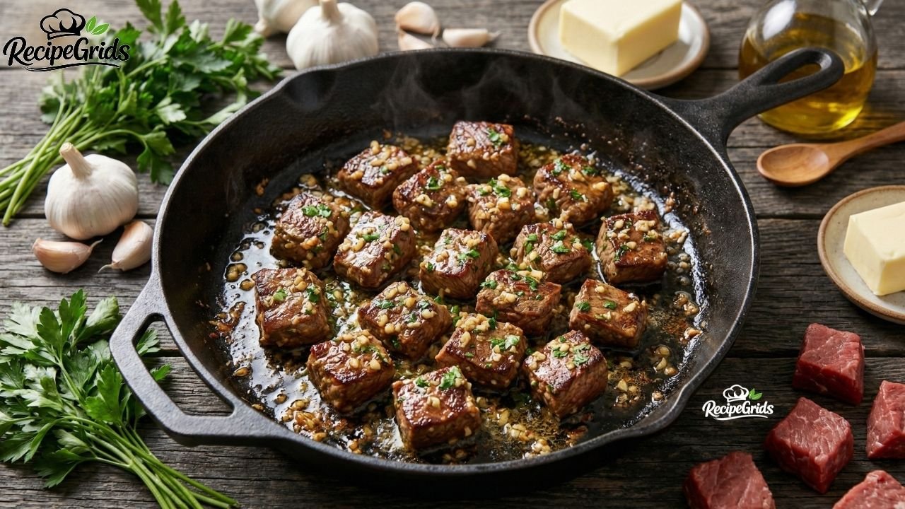 Sizzling cast iron skillet filled with golden-brown keto garlic butter steak bites, garnished with fresh parsley, surrounded by whole garlic bulbs, butter blocks, and olive oil on a rustic wooden table.