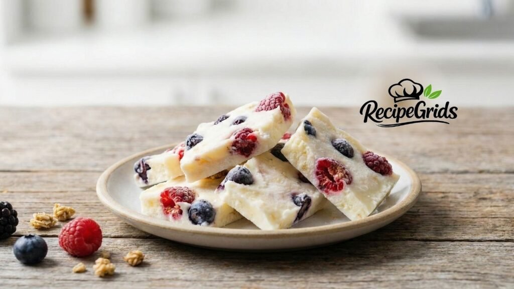 Pieces of homemade frozen yogurt bark with fresh raspberries and blueberries served on a small plate.