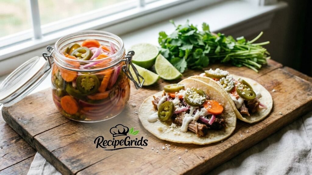 Two gourmet beef tacos topped with fresh cilantro, cheese, and homemade pickled jalapeno peppers and carrots, next to a full jar of pickles.