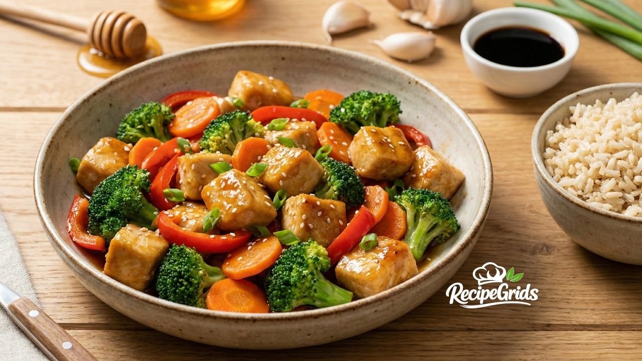 A healthy bowl of prepared Honey Garlic Chicken and Veggies (broccoli, carrots, and peppers) in a ceramic bowl, garnished with sesame seeds and green onions, along with a bowl of brown rice.
