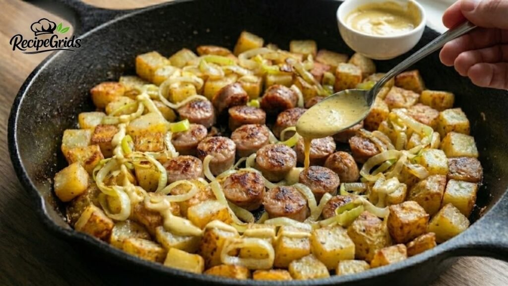 Pouring a creamy Dijon mustard sauce over a hot skillet of sausage, potato, and leek hash.