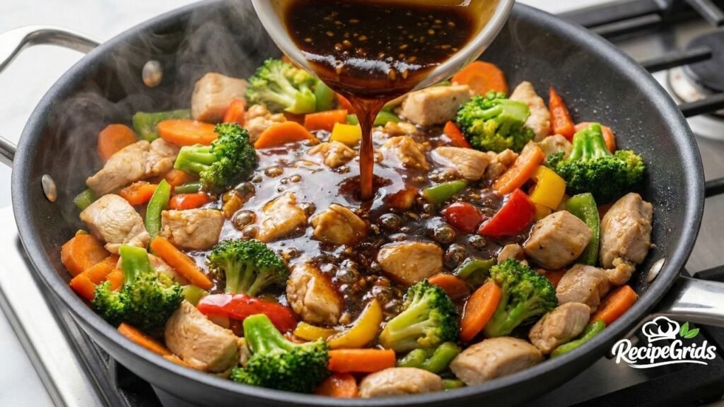 Thick honey garlic sauce is being poured from a bowl over cooked chicken cubes, broccoli, carrots, and bell peppers in a hot skillet.