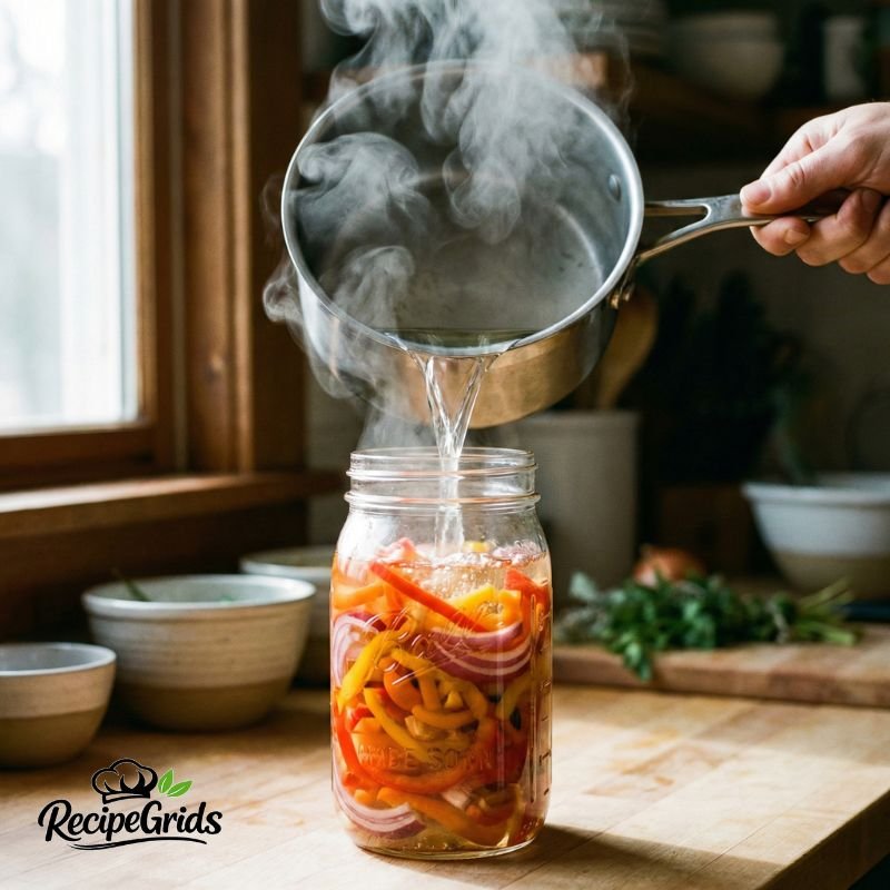 A person pouring hot pickling brine for peppers from a stainless steel saucepan into a glass mason jar filled with sliced peppers and onions.