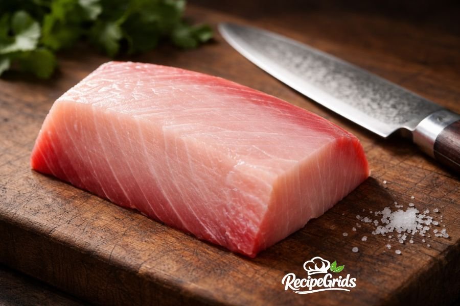 A large, raw block of high-quality Japanese amberjack (hamachi) yellowtail loin suitable for raw consumption rests on a rustic dark wood cutting board next to a Japanese kitchen knife and a small scatter of flaky sea salt, with fresh cilantro blurred in the background and a RecipeGrids logo in the corner.