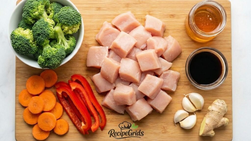 An overhead shot of raw ingredients on a wooden cutting board: cubed chicken, broccoli, sliced carrots and bell peppers, honey, soy sauce, garlic, and ginger.