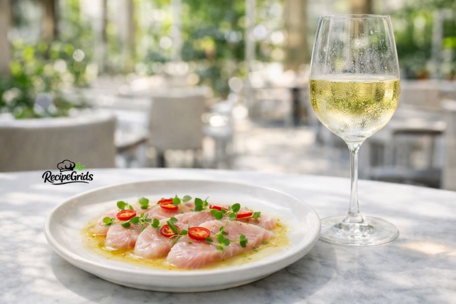 A final plated Yuzu Hamachi Crudo by RecipeGrids, featuring thinly sliced raw yellowtail drizzled with citrus yuzu dressing, garnished with fresh red Fresno chilies and microgreens, served alongside a glass of sparkling white wine on an elegant patio setting.