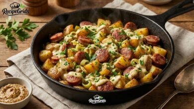 A hot cast-iron skillet filled with homemade sausage potato leek dijon mustard hash topped with fresh herbs.