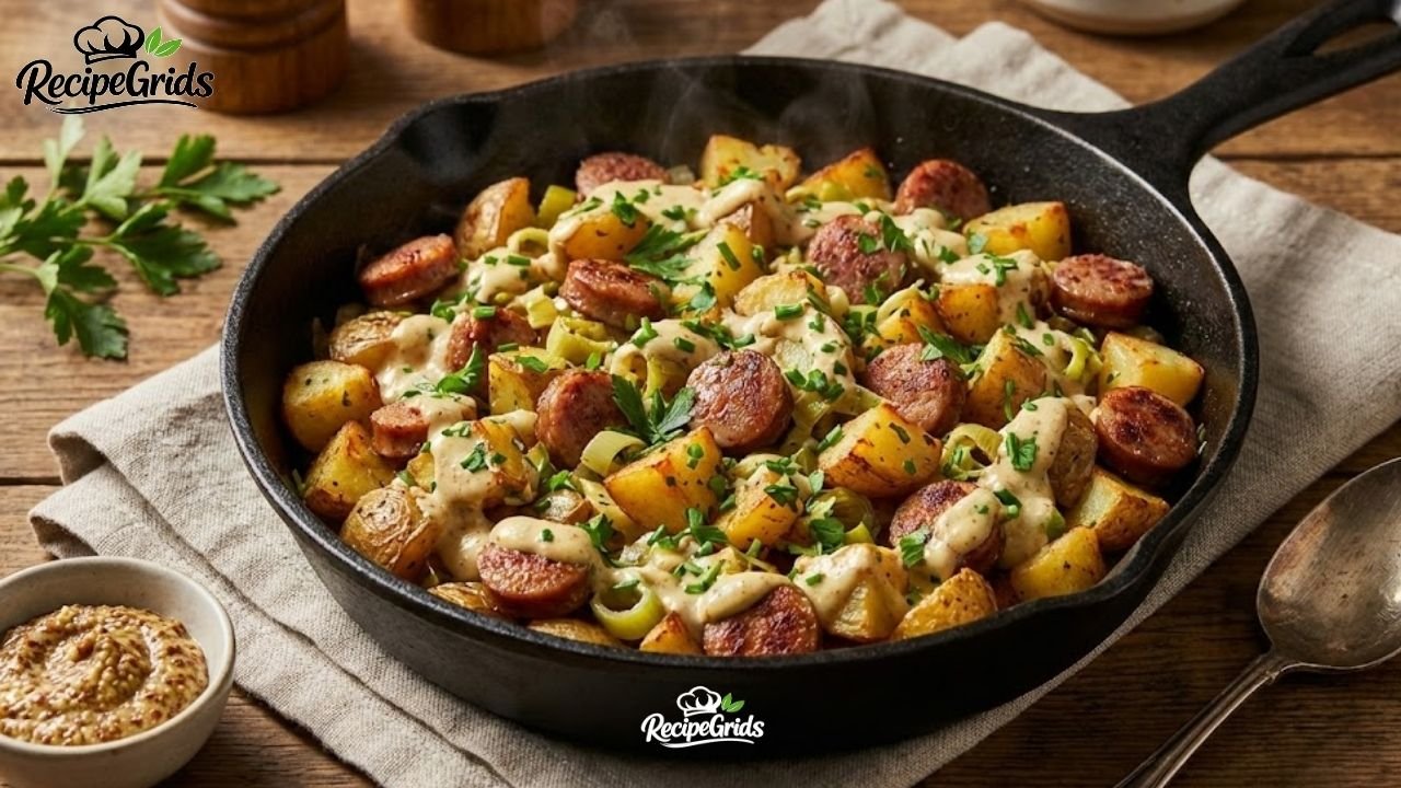 A hot cast-iron skillet filled with homemade sausage potato leek dijon mustard hash topped with fresh herbs.