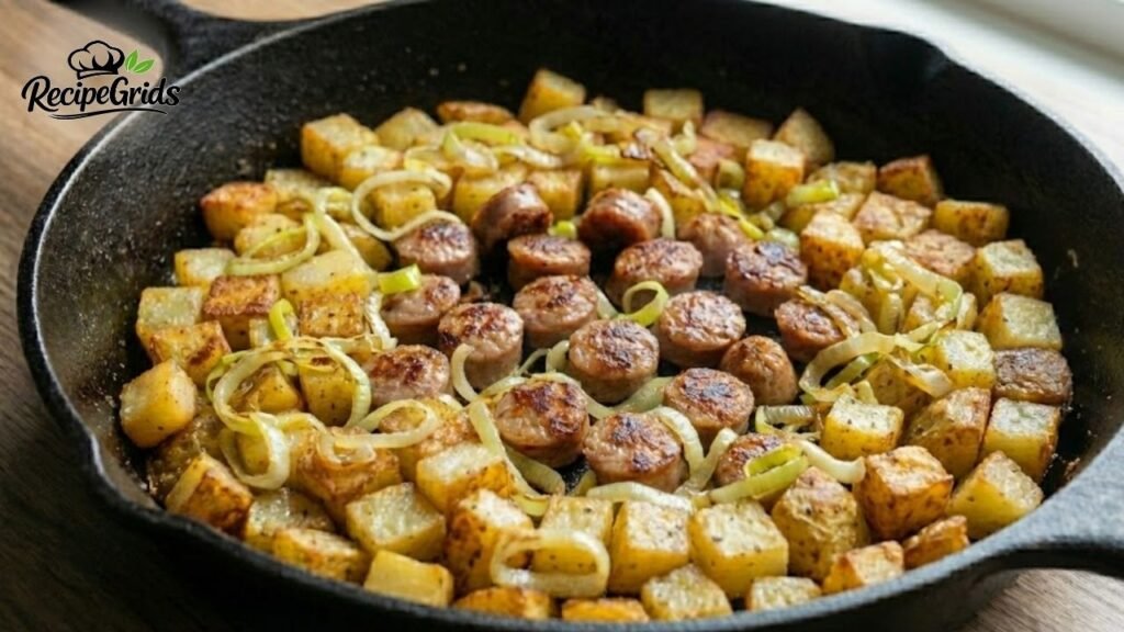 Sliced fresh leeks being sautéed with sausage and potatoes in a hot pan.