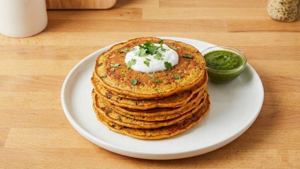 A stack of golden-brown savory pancakes topped with a dollop of white yogurt-like cream and fresh cilantro, served with a small bowl of green chutney on a white plate.