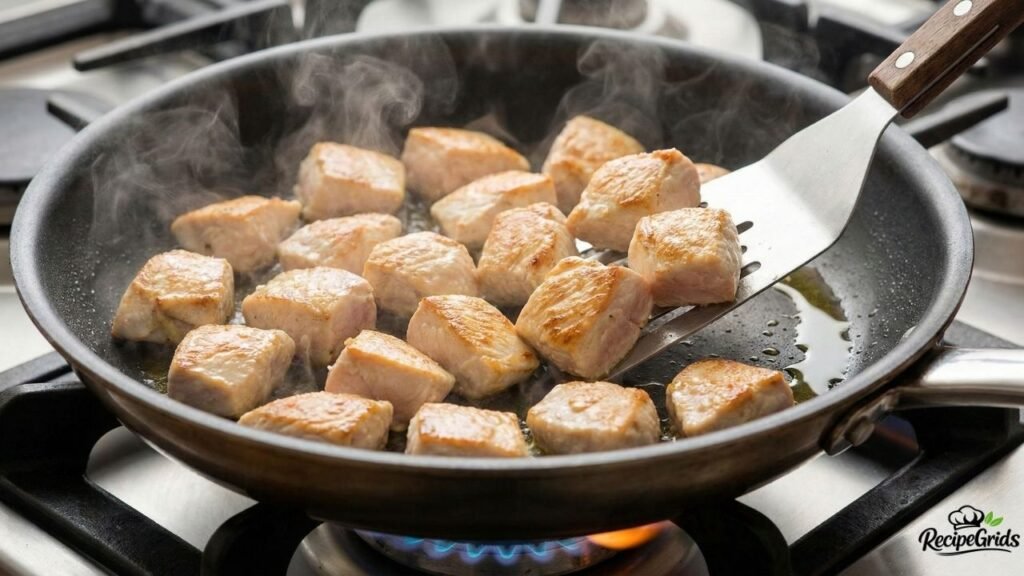 Cubed boneless chicken breasts are being cooked to a golden-brown color in a hot frying pan and turned with a metal spatula.