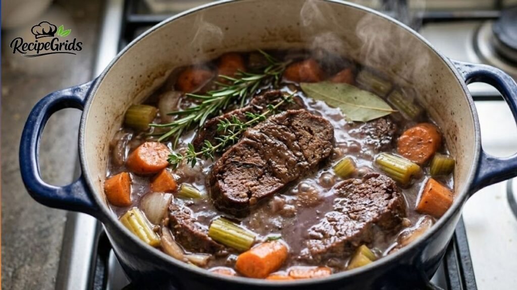 Vegan mock chuck simmering with chunky carrots, celery, and fresh herbs in a rich broth inside a blue Dutch oven.