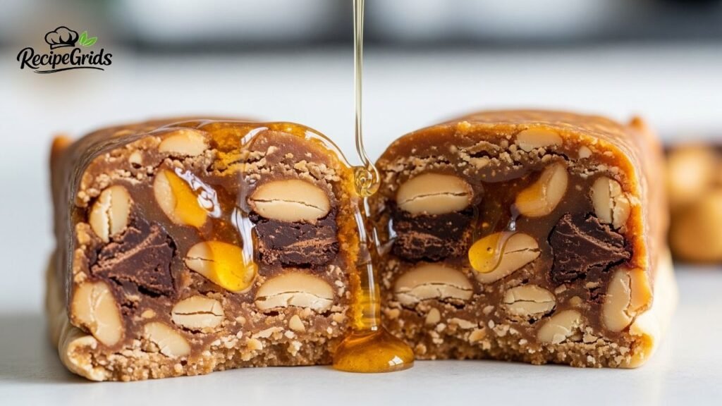 Close-up of a broken stars and honey protein bar revealing peanuts, dark chocolate, and gooey caramel with natural honey dripping over it.